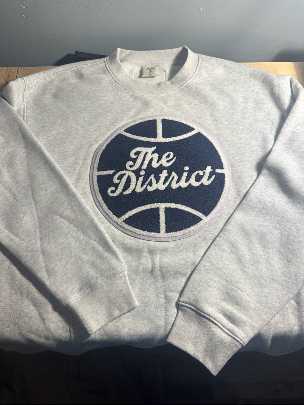 District Men's Light Gray Crewneck Sweatshirt with Navy Chenille Logo